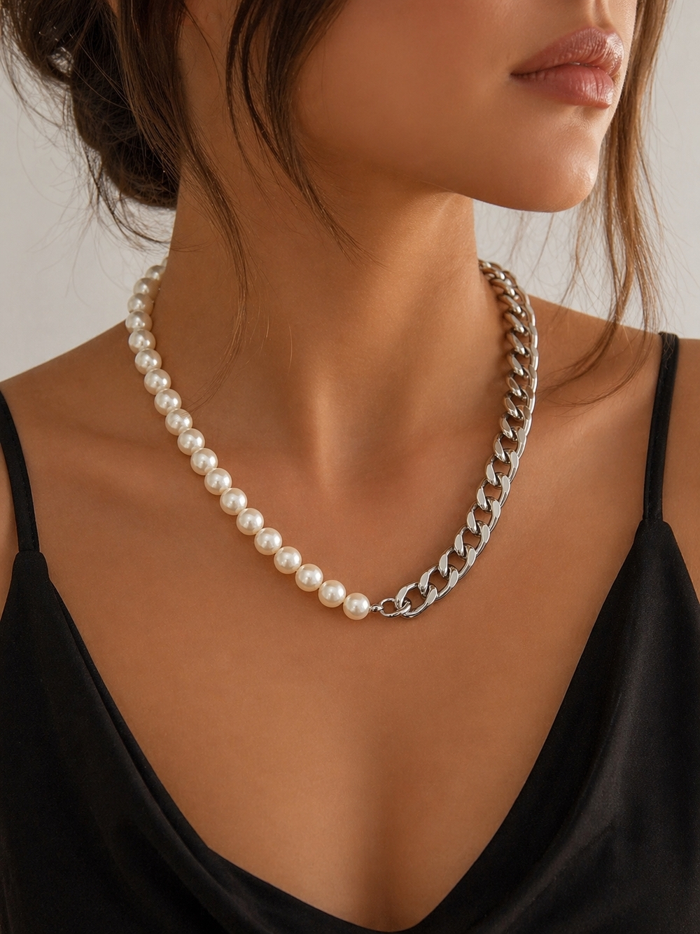 Half Pearl Cuban Link Necklace Silver Tone | Mixed Chain Necklace NWT